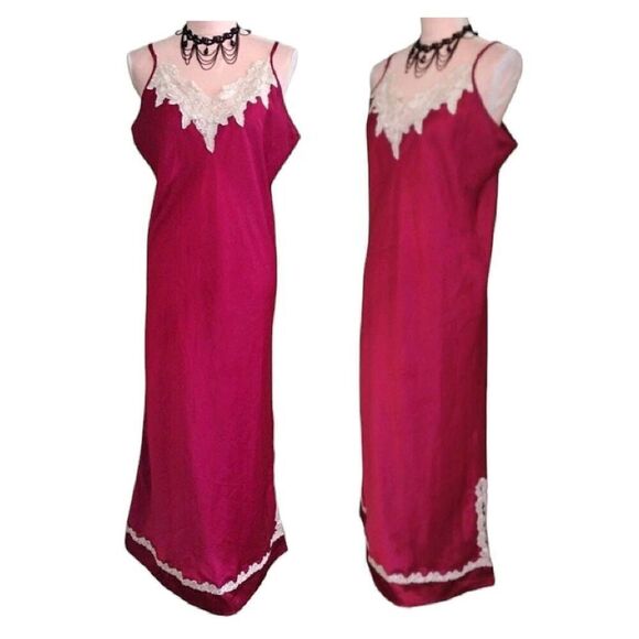 VTG 90s Red Satin White Lace Trim Long Slitted Lingerie Slip Dress Large - Picture 4 of 16
